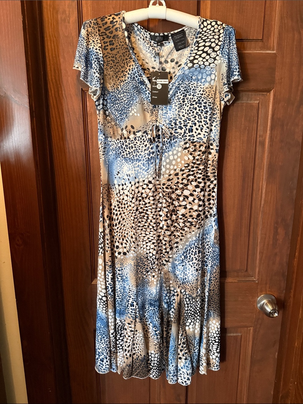 Blue and Beige Animal Print Short-Sleeve Flared Midi Dress NWT M